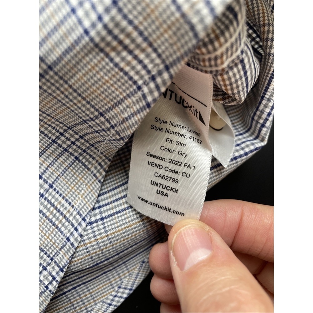 Untuckit Large Slim Fit Polyester Gray Blue Brown Plaid Long Sleeve from 2022 - Picture 7 of 14